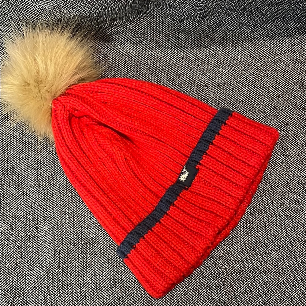 Vineyard Vines Red Knit Hat with Pom Pom